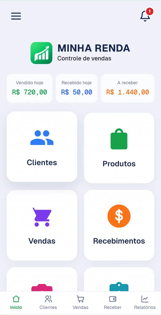 Tela inicial do aplicativo Minha Renda com clientes, produtos, vendas e recebimentos