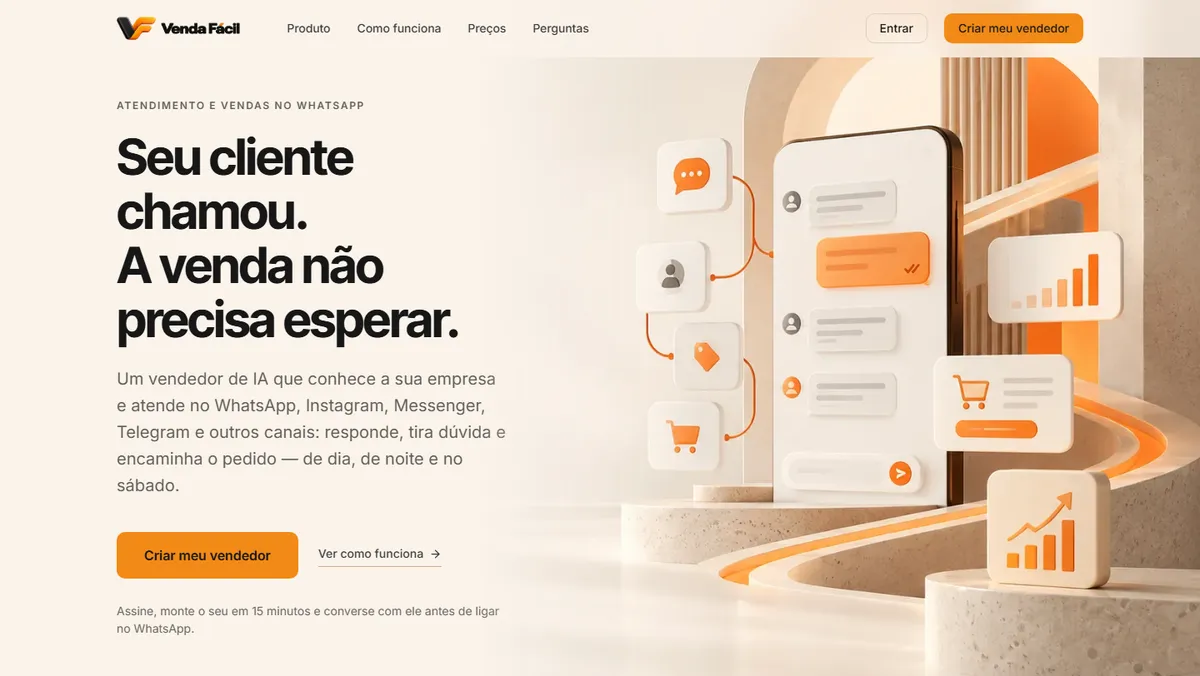 Página inicial do Venda Fácil no computador: Seu cliente chamou. A venda não precisa esperar.