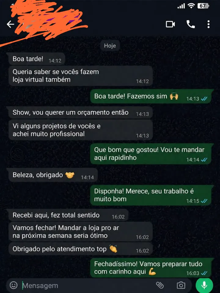 Conversa de WhatsApp: cliente pede orçamento de loja virtual, acha os projetos profissionais e fecha no mesmo dia